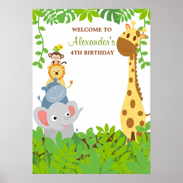 Funny Jungle Baby Animals Birthday Party Poster (Front)