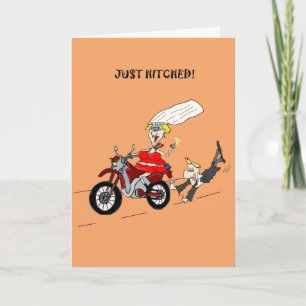 Funny Just Hitched Wedding Card – Motorcycle Bride