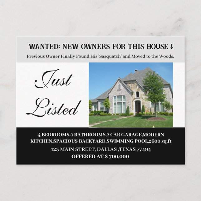 Funny Just Listed REAL ESTATE   Postcard (Front)