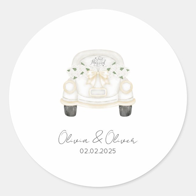 Funny just married car custom wedding classic round sticker (Front)