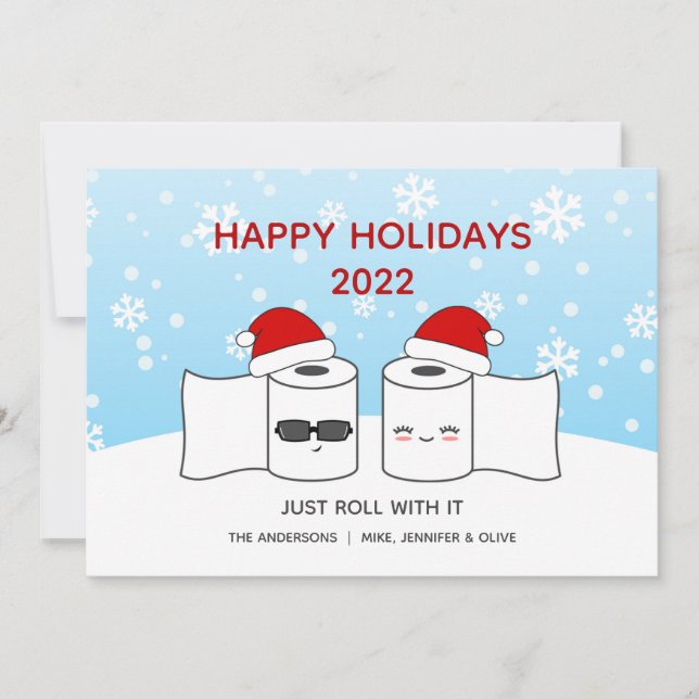 Funny Just Roll With It Toilet Paper Couple Holiday Card (Front)