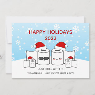 Funny Just Roll With It Toilet Paper Family of 4 Holiday Card