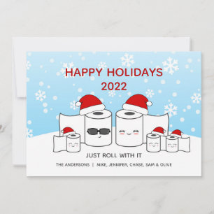Funny Just Roll With It Toilet Paper Family of 5 Holiday Card