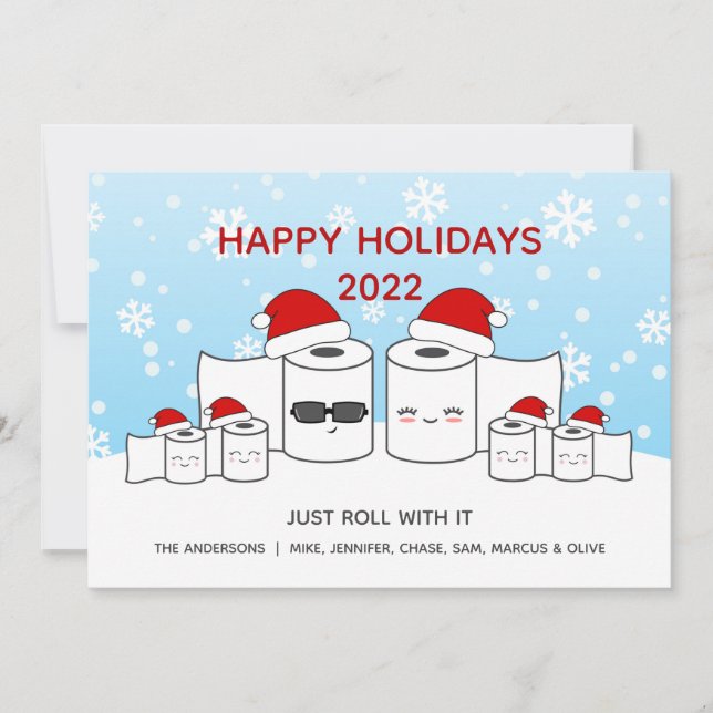 Funny Just Roll With It Toilet Paper Family of 6 Holiday Card (Front)