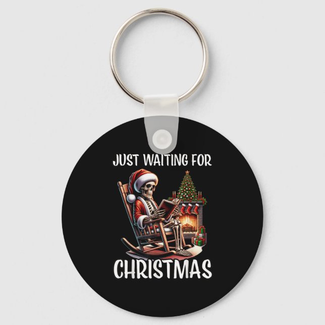 Funny Just Waiting For Christmas Skeleton Hallowee Key Ring (Front)