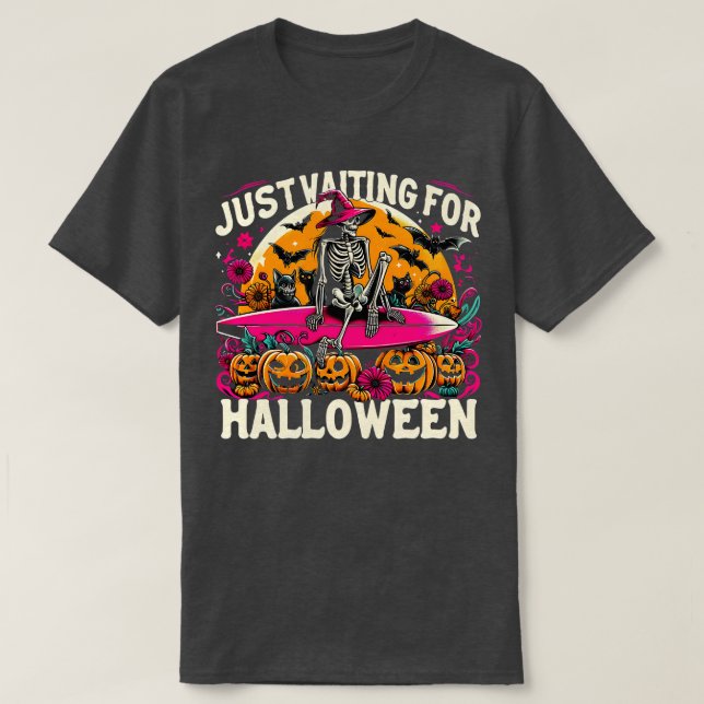 Funny Just Waiting For Halloween Skeleton Spooky V T-Shirt (Design Front)