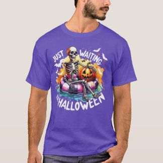 Funny Just Waiting For Halloween Skeleton Spooky V T-Shirt