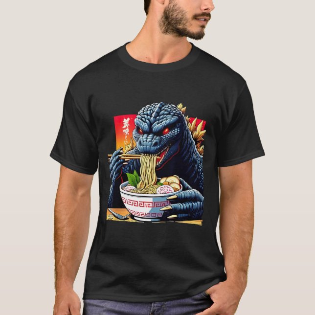 Funny Kaiju Eating Ramen Japanese Monster Lover Bi T-Shirt (Front)