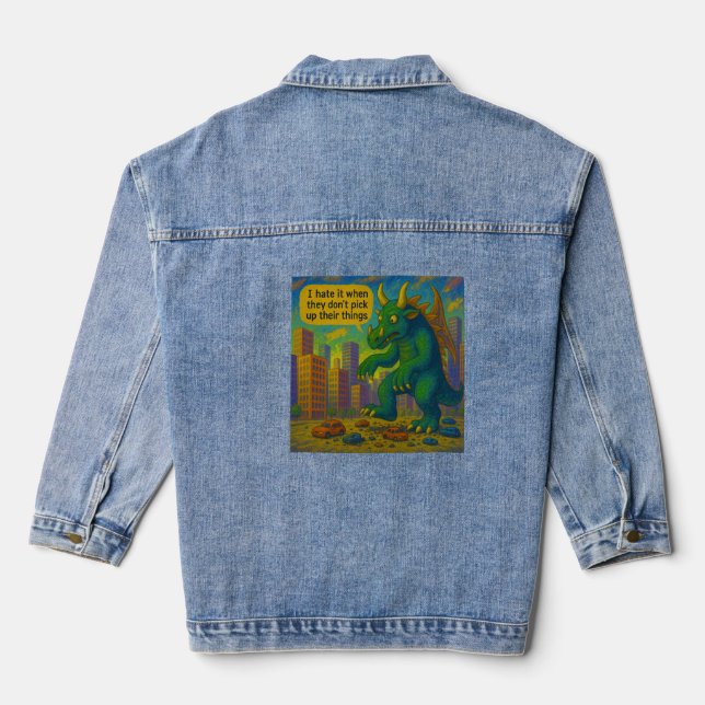 Funny Kaiju monster art stepping on things Fantasy Denim Jacket (Back)