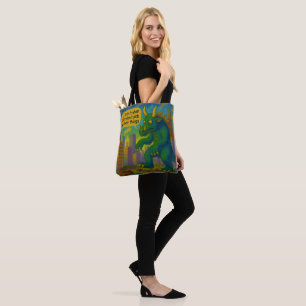 Funny Kaiju monster art stepping on things Fantasy Tote Bag