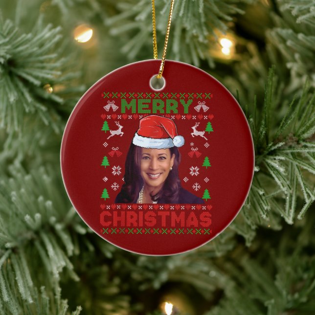 Funny Kamala Harris 2024 Merry Christmas Xmas Gift Ceramic Ornament (Tree)