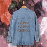Funny Kappa Kappa Chino Coffee Lover Denim Jacket<br><div class="desc">A spin on Greek Life at College or University, this fun design has prominent "Kappa Kappa Chino" text spelled out in bold coffee-colour text with black shadowing. Be the hit of every coffee shop and grocery store when you walk in wearing this design. It makes a wonderful unique gift idea...</div>