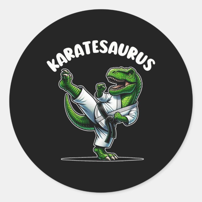 Funny Karatesaurus Dinosaur T Rex In Karate Gi Bla Classic Round Sticker (Front)