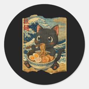 Funny Kawaii Black Cat Ramen Noodle Bowl Japanese Classic Round Sticker