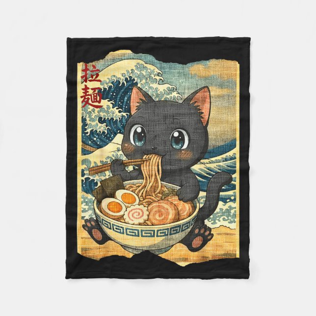 Funny Kawaii Black Cat Ramen Noodle Bowl Japanese  Fleece Blanket (Front)
