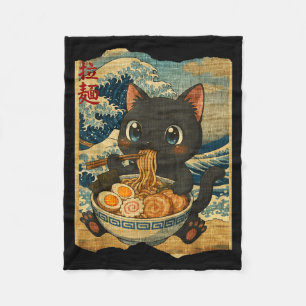 Funny Kawaii Black Cat Ramen Noodle Bowl Japanese Fleece Blanket