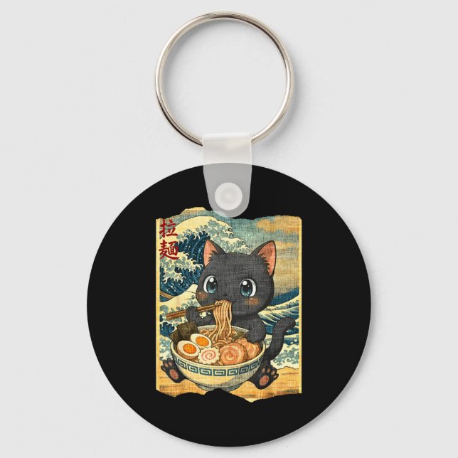 Funny Kawaii Black Cat Ramen Noodle Bowl Japanese  Key Ring (Front)