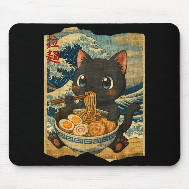 Funny Kawaii Black Cat Ramen Noodle Bowl Japanese  Mouse Pad (Front)