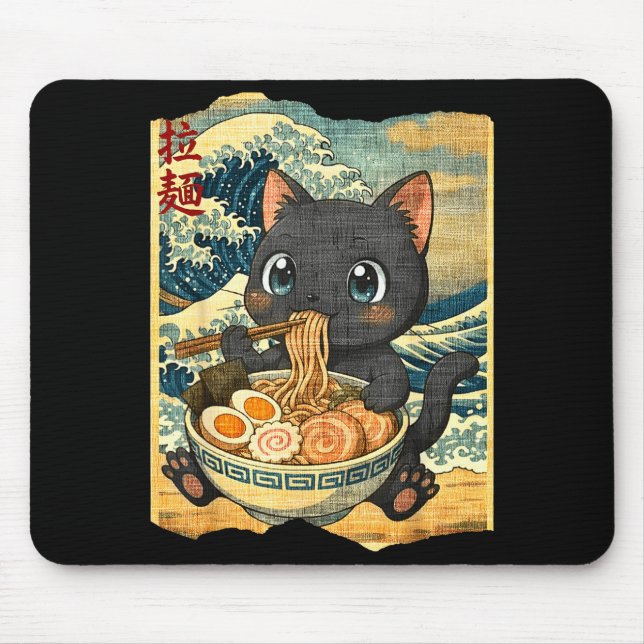 Funny Kawaii Black Cat Ramen Noodle Bowl Japanese  Mouse Pad (Front)
