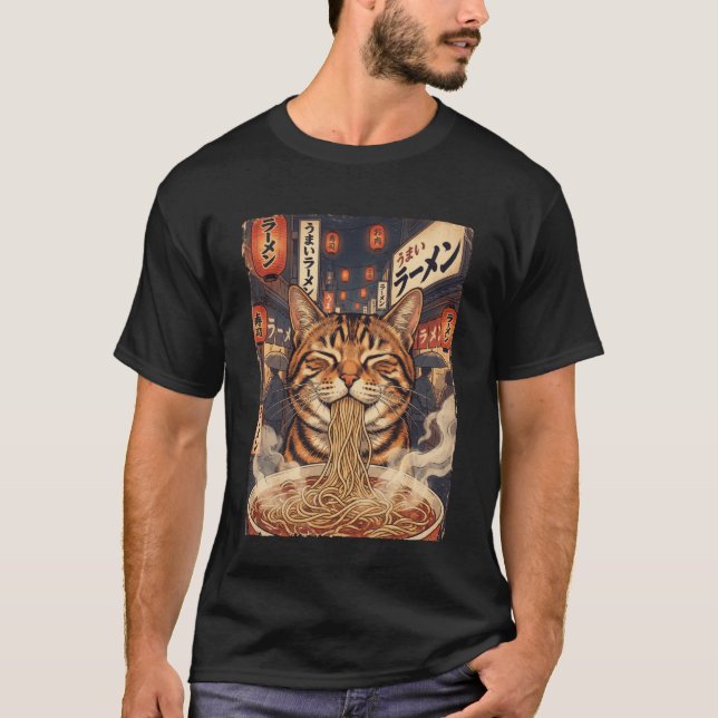 Funny Kawaii Cat Eating Ramen Japanese Anime Stree T-Shirt (Front)