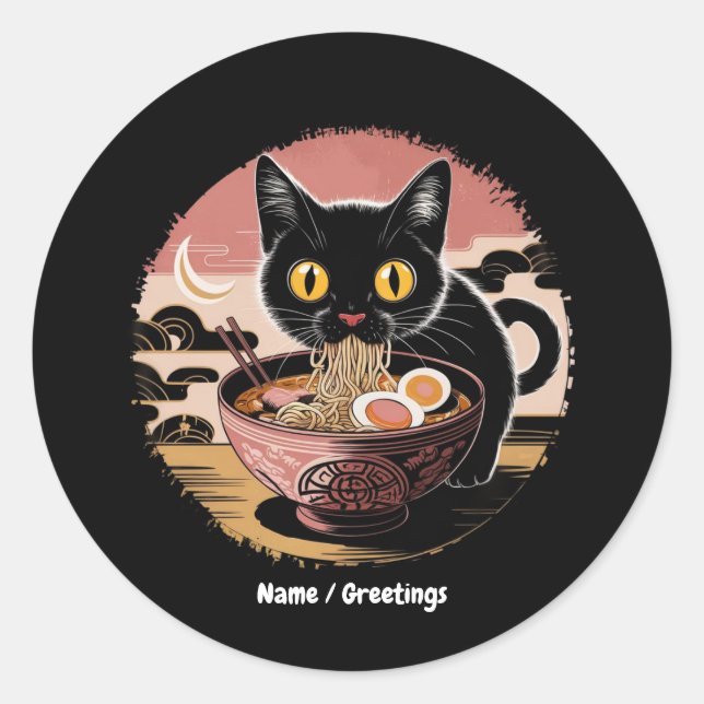 Funny Kawaii Cat Eating Ramen Noodles  Cute Anime Classic Round Sticker (Front)