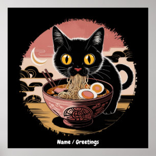 Funny Kawaii Cat Eating Ramen Noodles Cute Anime Poster