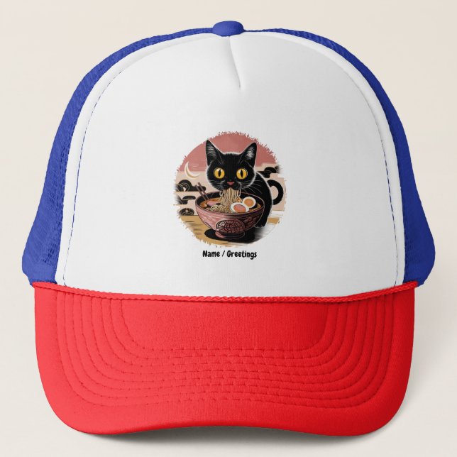 Funny Kawaii Cat Eating Ramen Noodles Cute Anime Trucker Hat (Front)