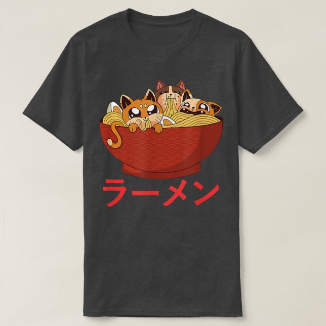 Funny Kawaii Cat Eating Ramen Noodles Japanese Foo T-Shirt (Design Front)
