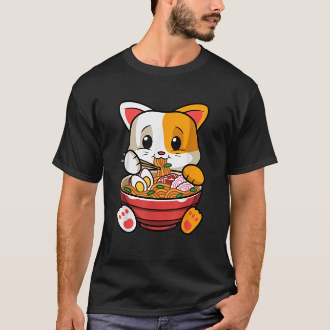 Funny Kawaii Cat Ramen Japanese Anime Animal Lover T-Shirt (Front)