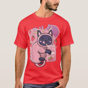 Funny Kawaii Cat Strawberry Milk Shake Japanese An T-Shirt