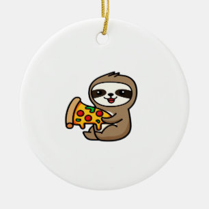 Funny Kawaii Chibi Sloth with Pizza � Cute Cartoon Ceramic Ornament