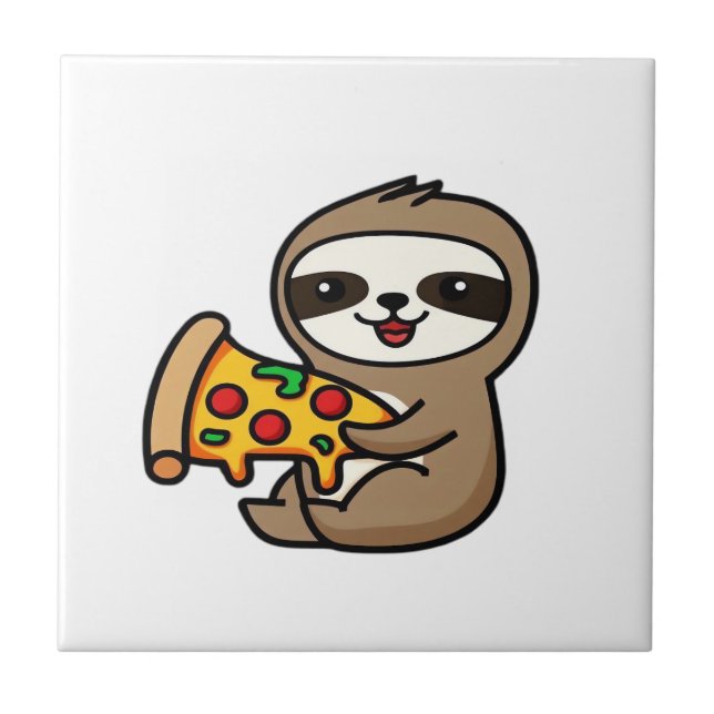 Funny Kawaii Chibi Sloth with Pizza � Cute Cartoon Ceramic Tile (Front)