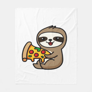 Funny Kawaii Chibi Sloth with Pizza � Cute Cartoon Fleece Blanket