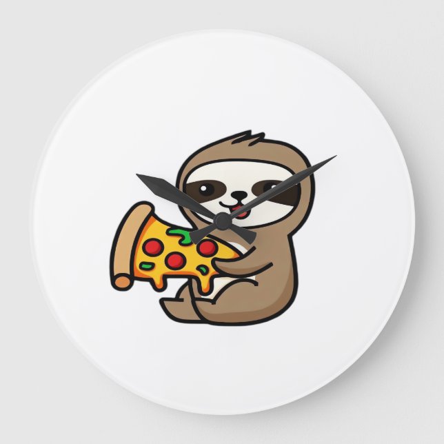 Funny Kawaii Chibi Sloth with Pizza � Cute Cartoon Large Clock (Front)