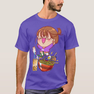 Funny Kawaii Girl Cat Eating Ramen And Boba Milk T T-Shirt