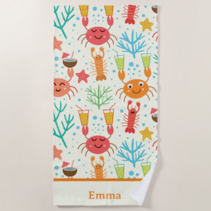 Funny Kawaii Lobsters and Crabs Personalised Kids  Beach Towel