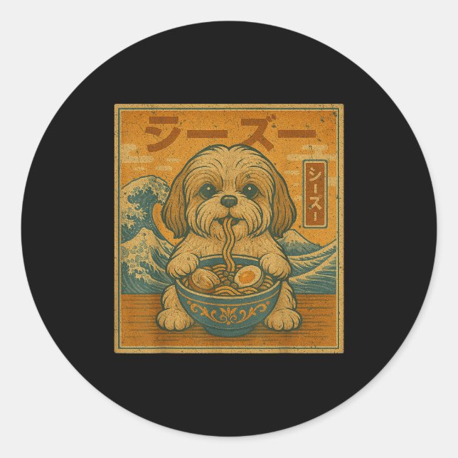Funny Kawaii Ramen Japanese Noodles Shih Tzu Eatin Classic Round Sticker (Front)