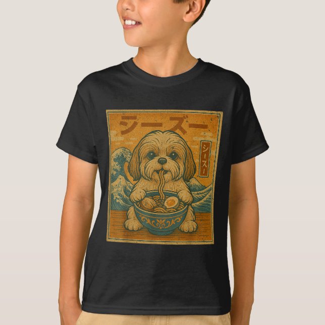 Funny Kawaii Ramen Japanese Noodles Shih Tzu Eatin T-Shirt (Front)