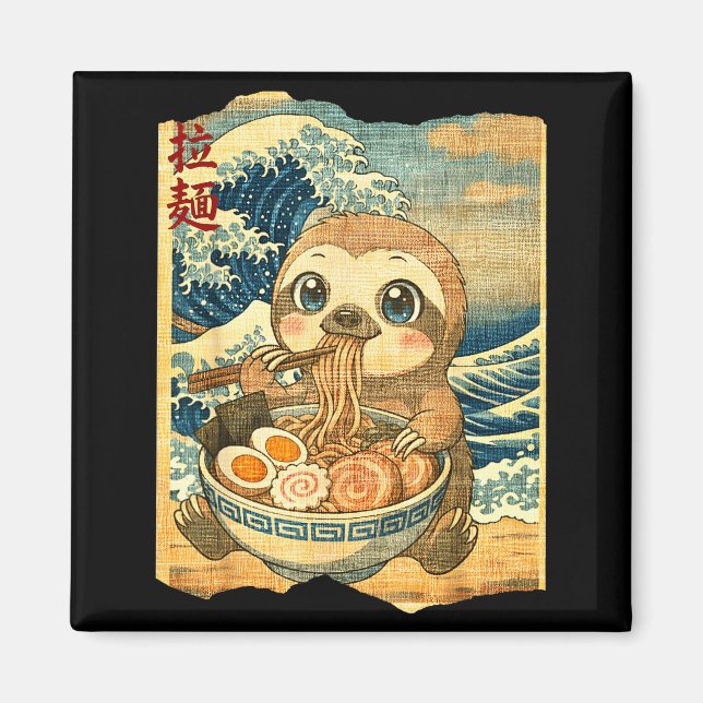 Funny Kawaii Sloth Ramen Noodle Bowl Japanese Wave Magnet (Front)