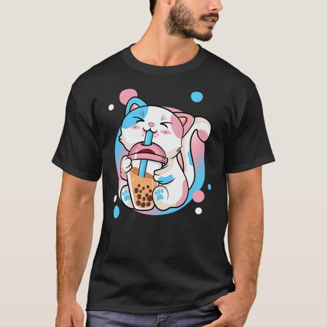 Funny Kawaii Transgender Bubble Tea Cat LGBT Ally  T-Shirt (Front)