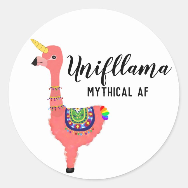 Funny Kawaii Unicorn Flamingo Llama Mythical AF Classic Round Sticker (Front)