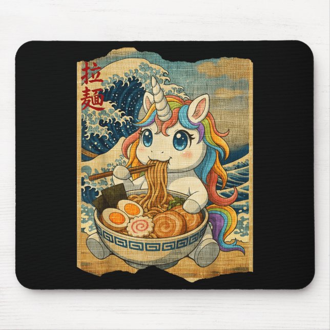 Funny Kawaii Unicorn Ramen Noodle Bowl Japanese Wa Mouse Pad (Front)