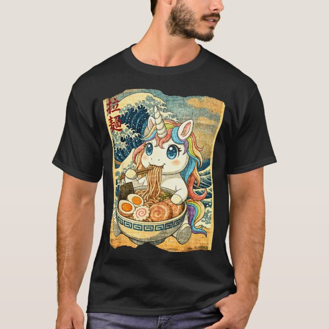 Funny Kawaii Unicorn Ramen Noodle Bowl Japanese Wa T-Shirt (Front)