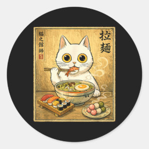 Funny Kawaii White Cat Ramen Sushi Japanese Food Classic Round Sticker