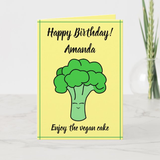 Funny Kawaii Yellow Vegan Broccoli Birthday Card (Front)