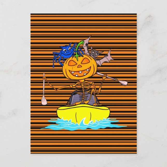 Funny Kayaker Skeleton Kayaking Pumpkin Halloween  Postcard (Front)