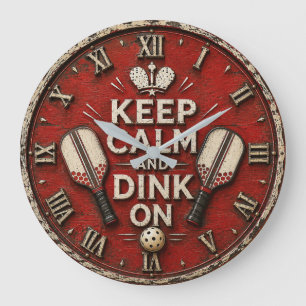 Funny Keep Calm and Dink On Rustic Pickleball Large Clock