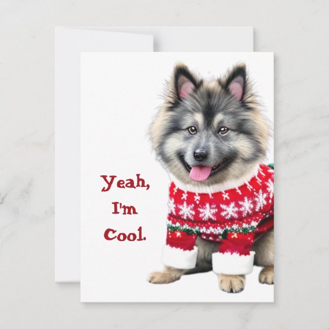 Funny Keeshond in Christmas Sweater Holiday Card (Front)