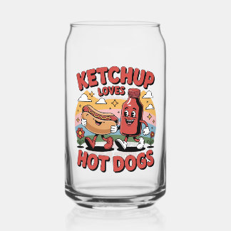 Funny Ketchup and Hot Dog Cartoon Retro Food Art Can Glass