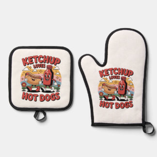 Funny Ketchup and Hot Dog Cartoon Retro Food Art Oven Mitt & Pot Holder Set